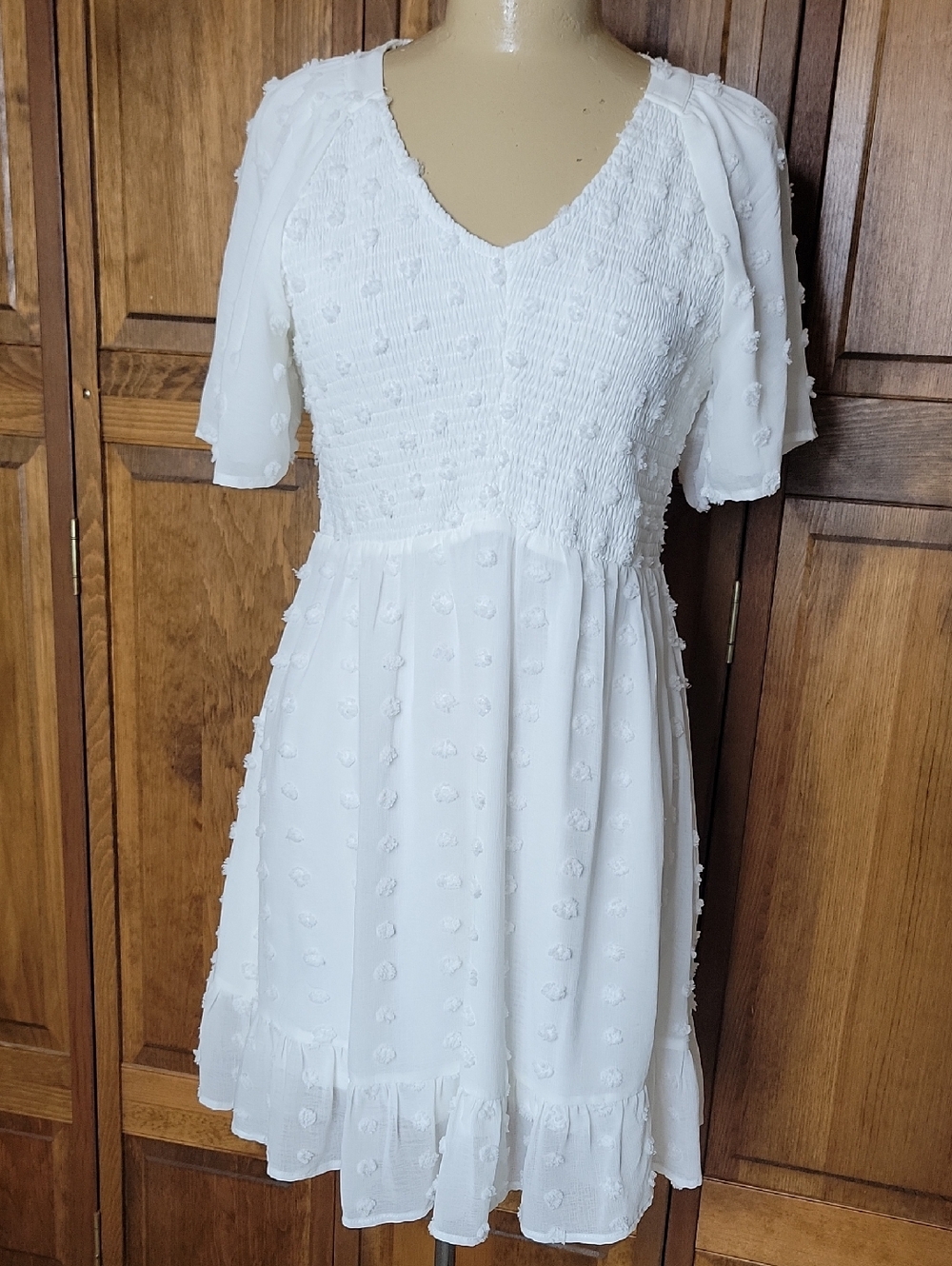 Zattcas NWOT Smocked Flutter Sleeve Ruffle Swiss Dot Dress Sz L